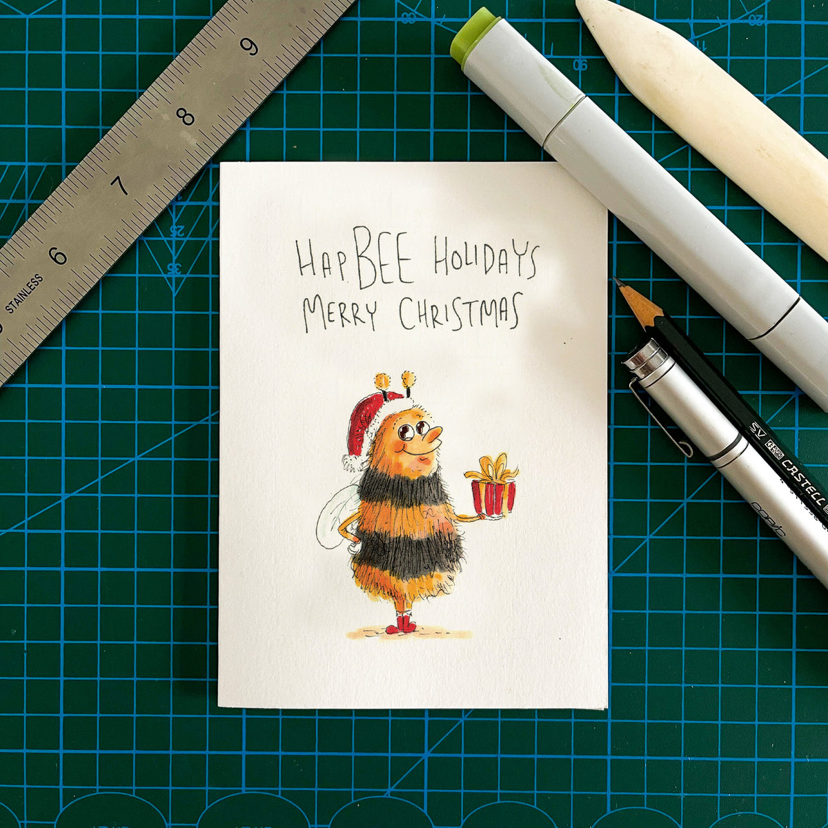 HapBEE Holidays Merry Christmas hand-drawn bee Christmas card by Well Drawn Australia, product image 3