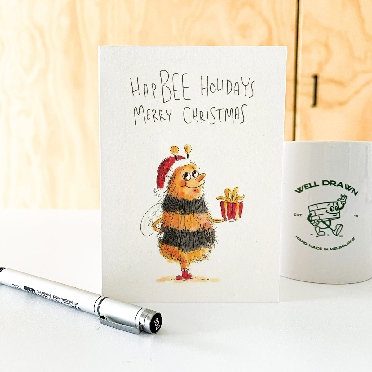HapBEE Holidays Merry Christmas hand-drawn bee Christmas card by Well Drawn Australia, product image 6