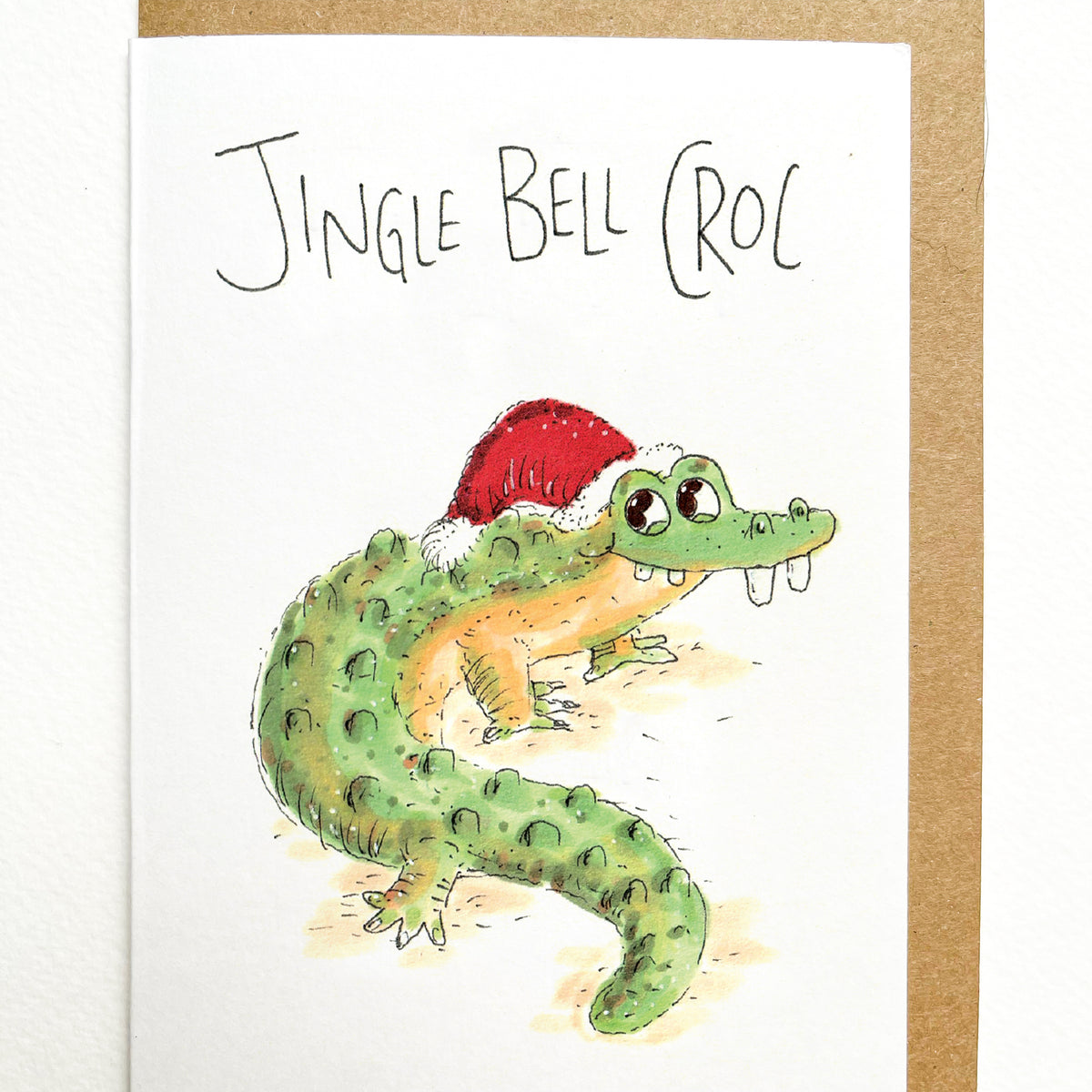 Jingle Bell Croc hand-drawn funny crocodile Christmas card by Well Drawn Australia, product image 2