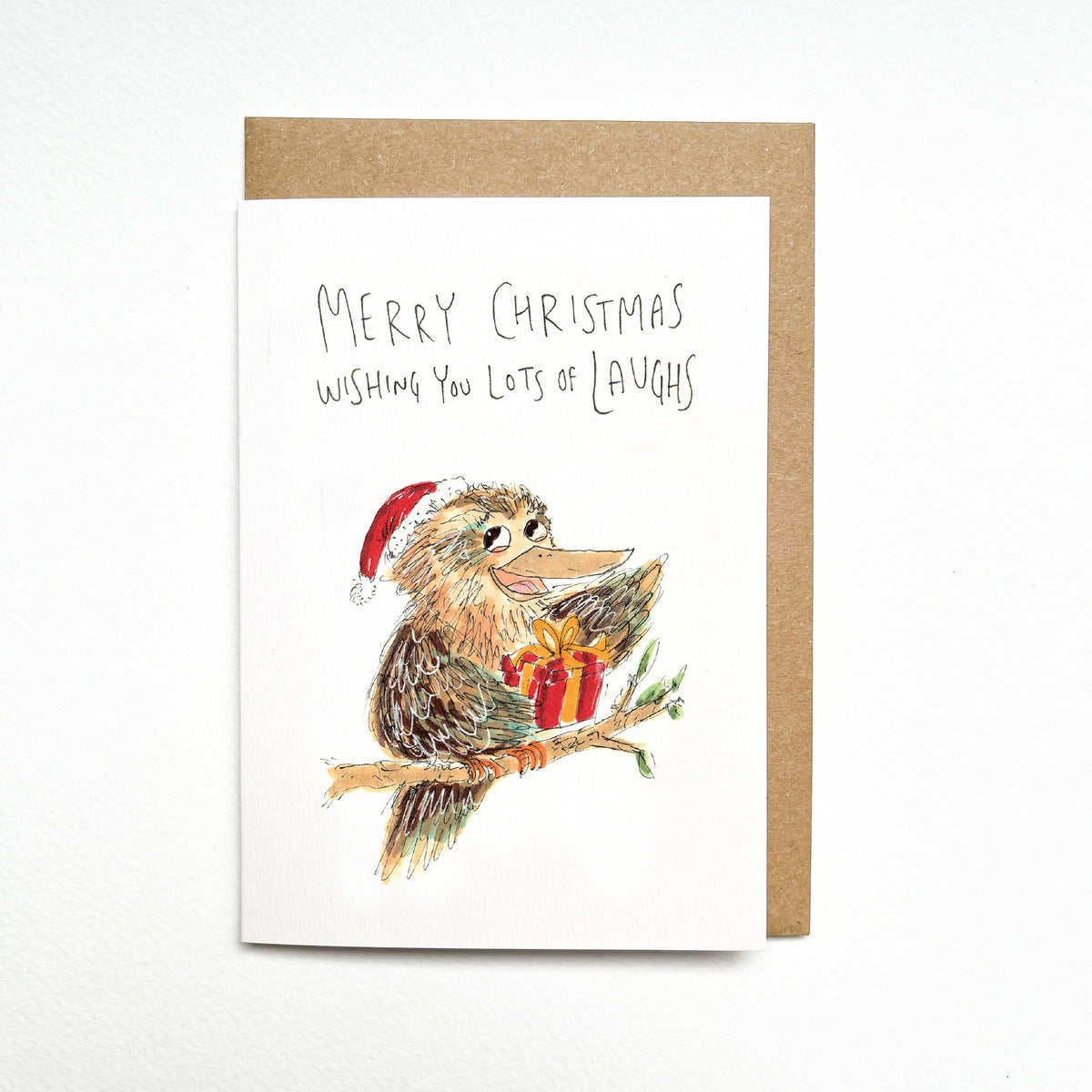 Merry Christmas, Wishing You Lots of Laughs hand-drawn kookaburra Australian Christmas card by Well Drawn