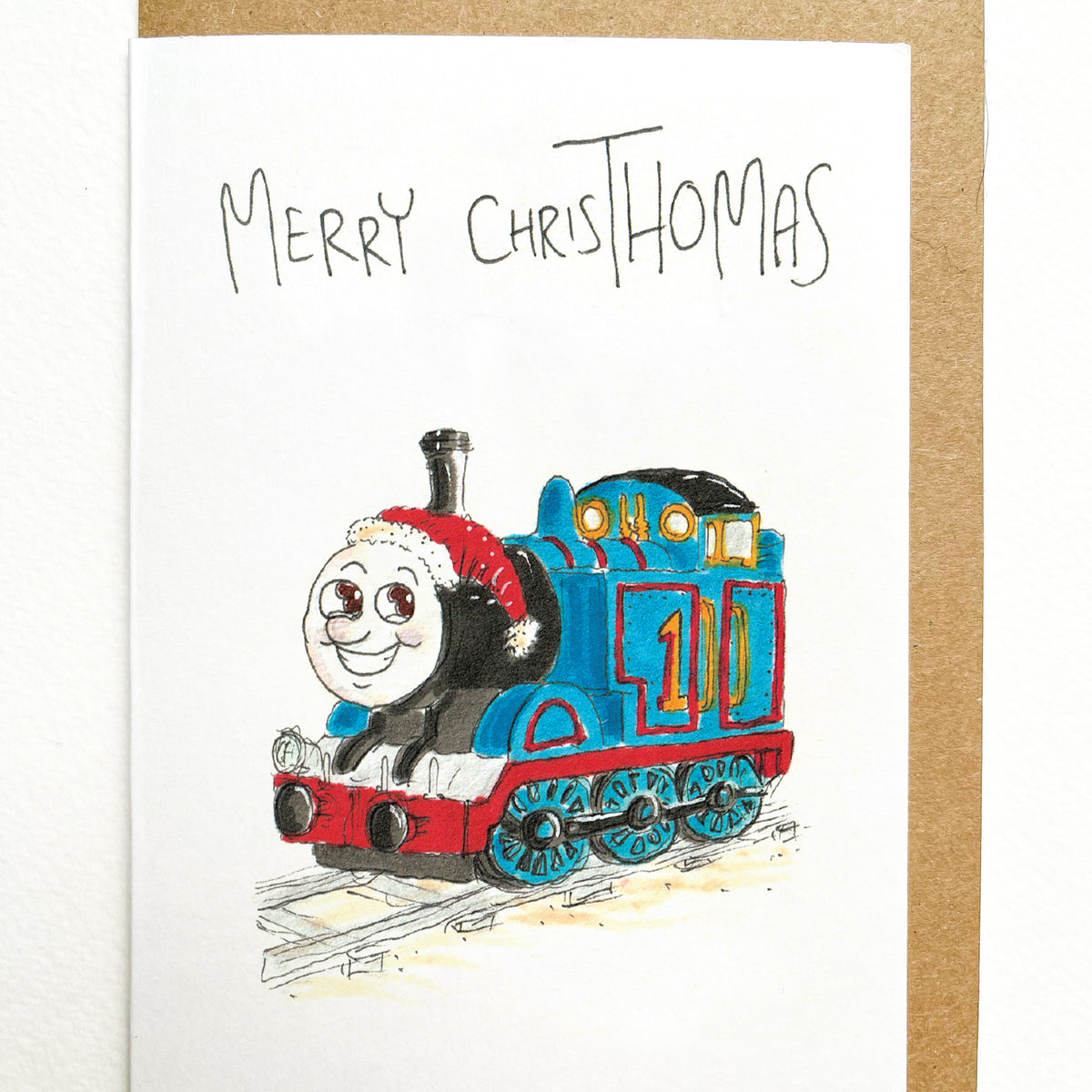 Merry ChrisThomas funny hand-drawn blue train Christmas greeting card by Well Drawn Australia, image 2