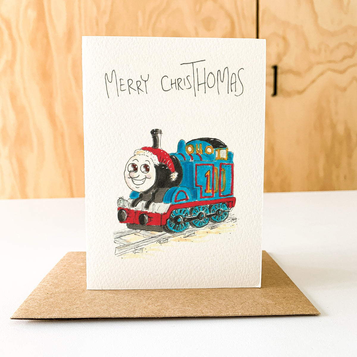 Merry ChrisThomas funny hand-drawn blue train Christmas greeting card by Well Drawn Australia, image 7