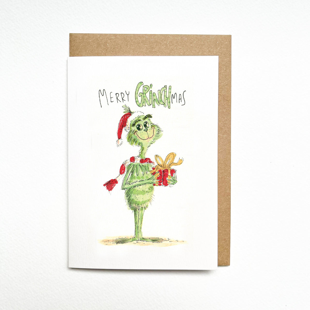 Merry Grinchmas hand-drawn funny green Christmas character card by Well Drawn Australia