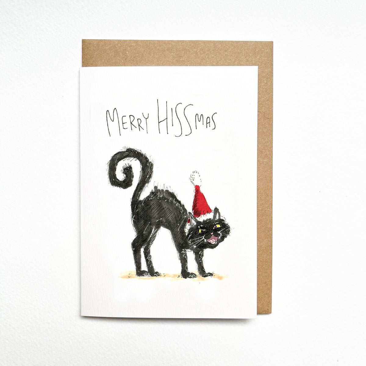 Merry Hissmas hand-drawn black cat Christmas card by Well Drawn Australia
