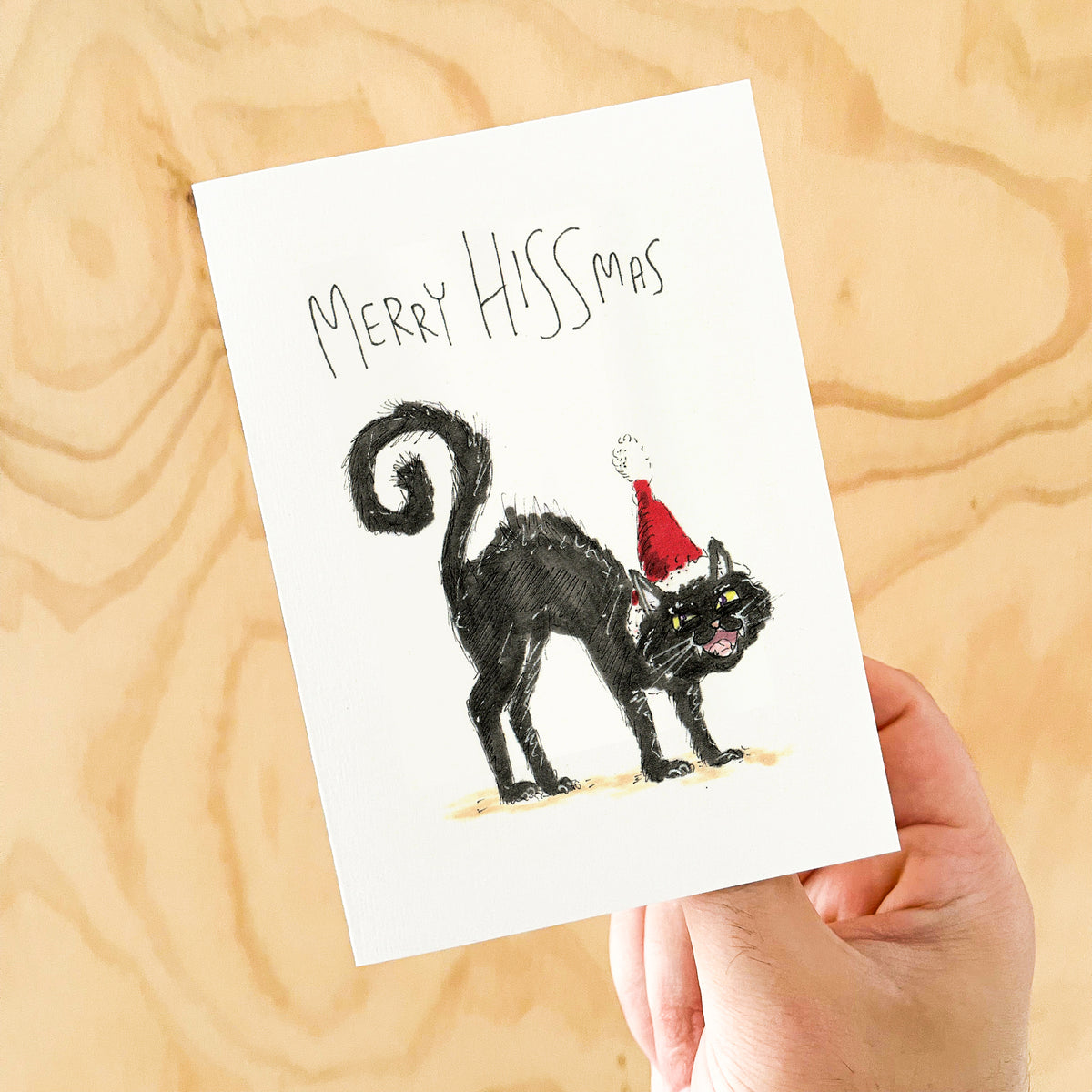 Merry Hissmas funny black cat lover Christmas greeting card by Well Drawn, image 4