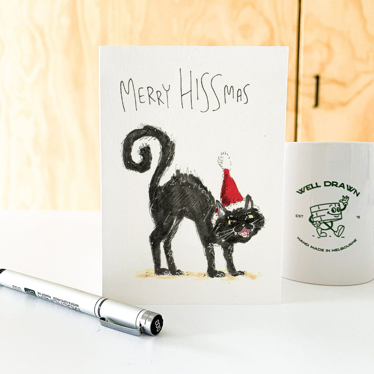 Merry Hissmas funny black cat lover Christmas greeting card by Well Drawn, image 6
