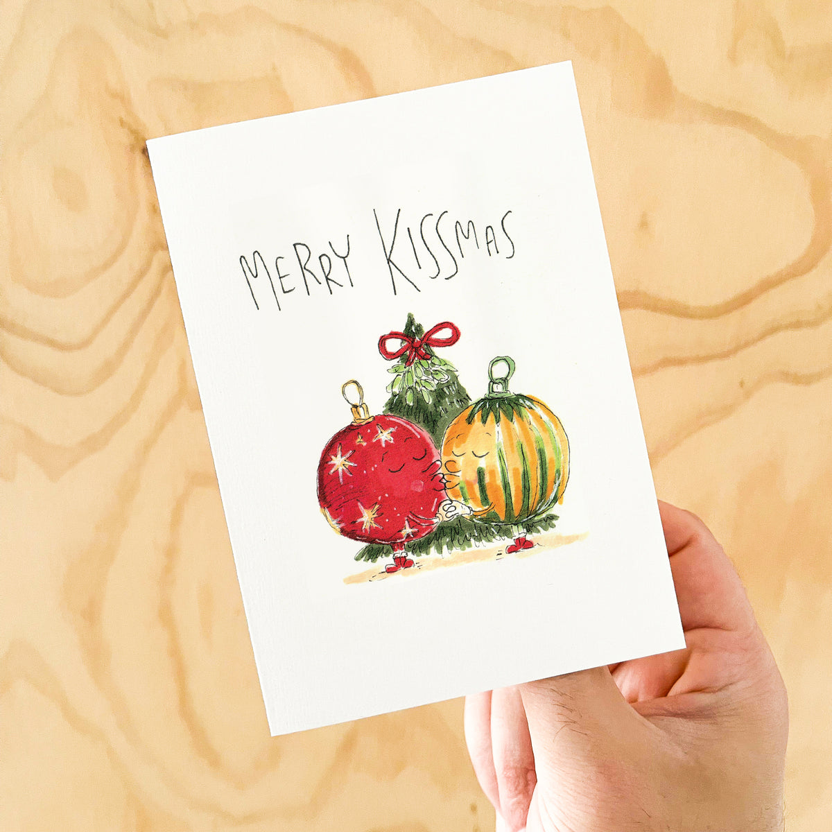 Merry Kissmas funny romantic Christmas greeting card with festive baubles by Well Drawn, image 4