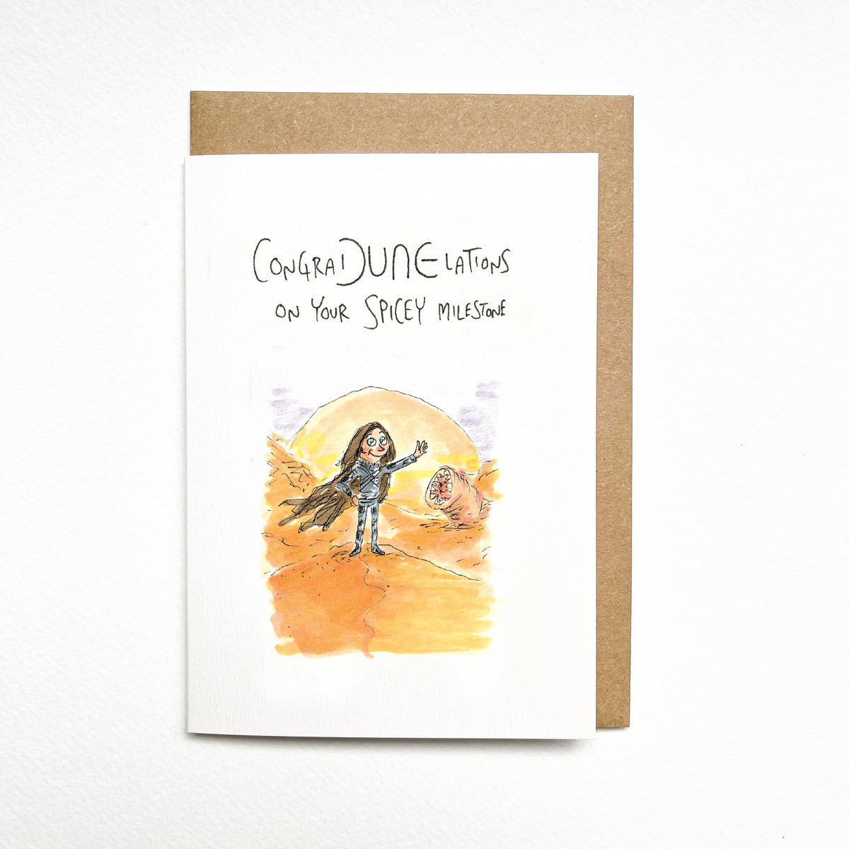 CongraDUNElations on Your SPICEY Milestone – Dune gamer birthday card by Well Drawn, main product photo