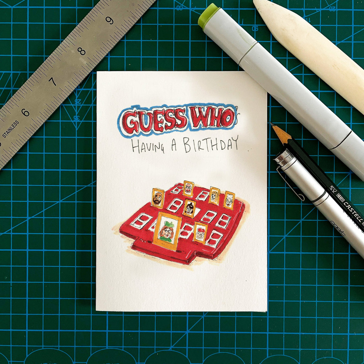 GUESS WHO's Having a Birthday | Well Drawn A6 birthday greeting card photo 3 of 9