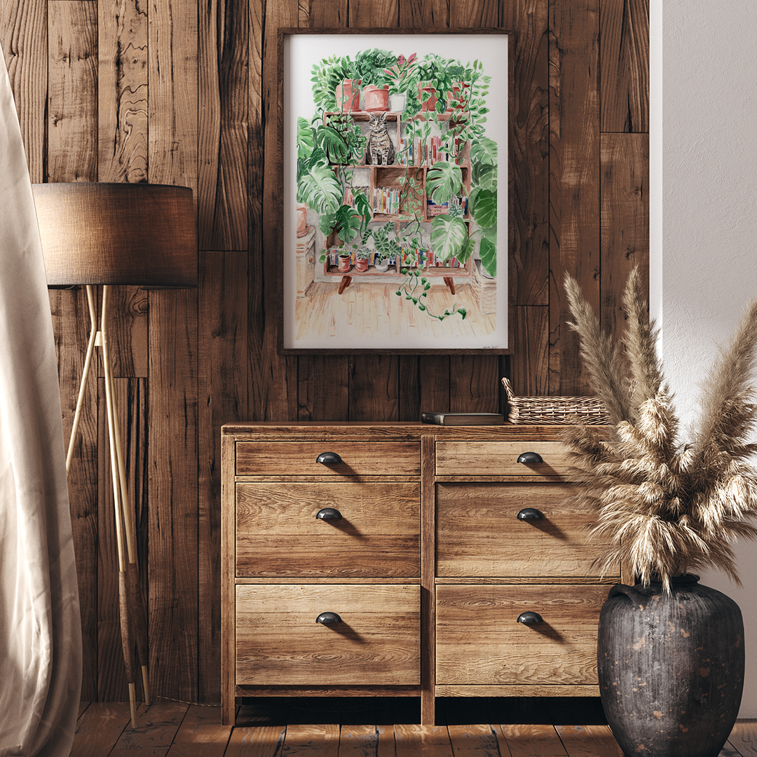 Cat on book shelves - Le chat sur l'étagère - Art Print by Eva