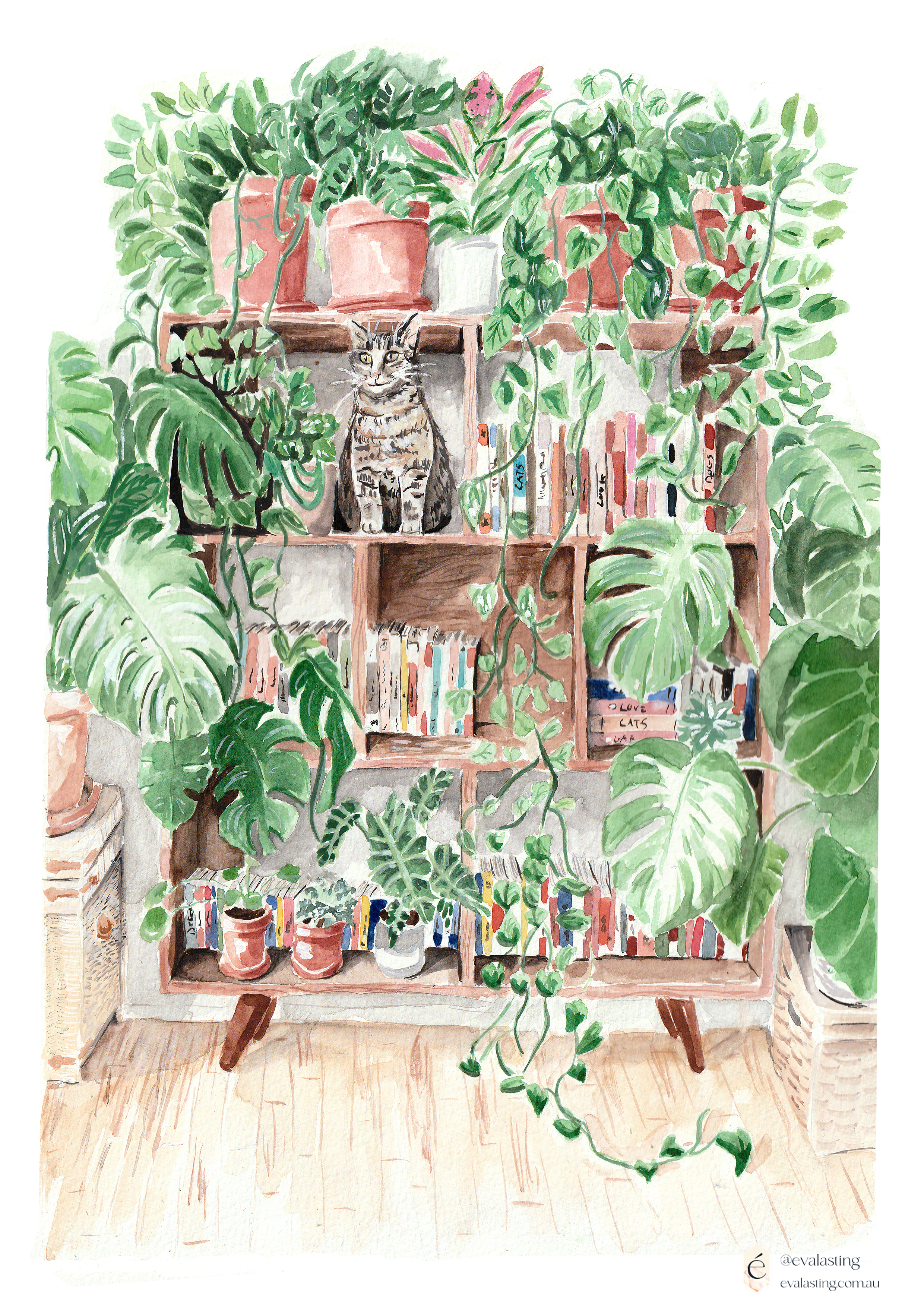 Cat on book shelves - Le chat sur l'étagère - Art Print by Eva