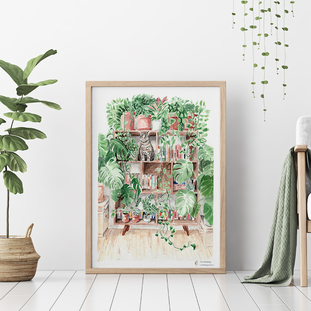 Cat on book shelves - Le chat sur l'étagère - Art Print by Eva