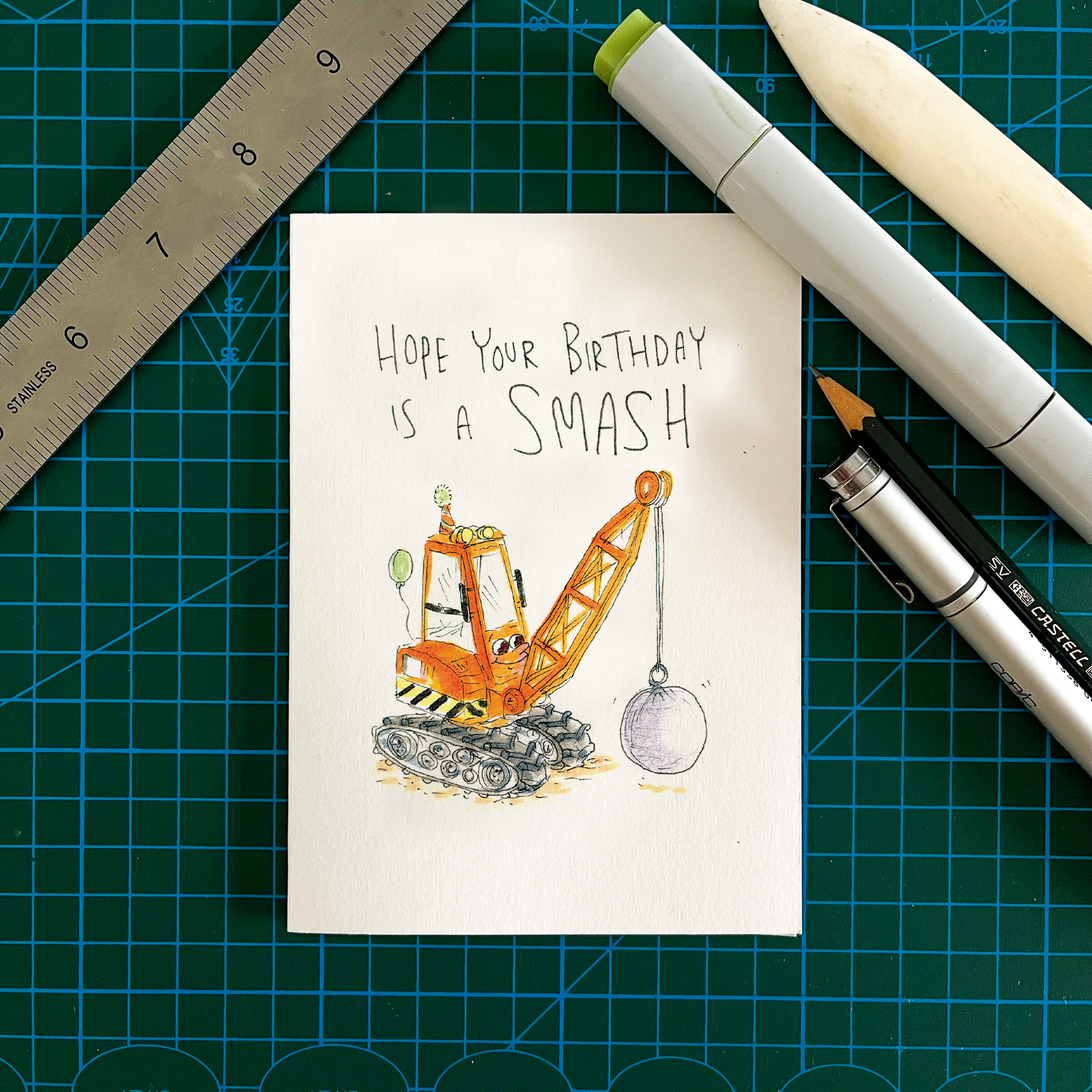 Hope Your Birthday is a Smash  |  Construction birthday card - Well Drawn