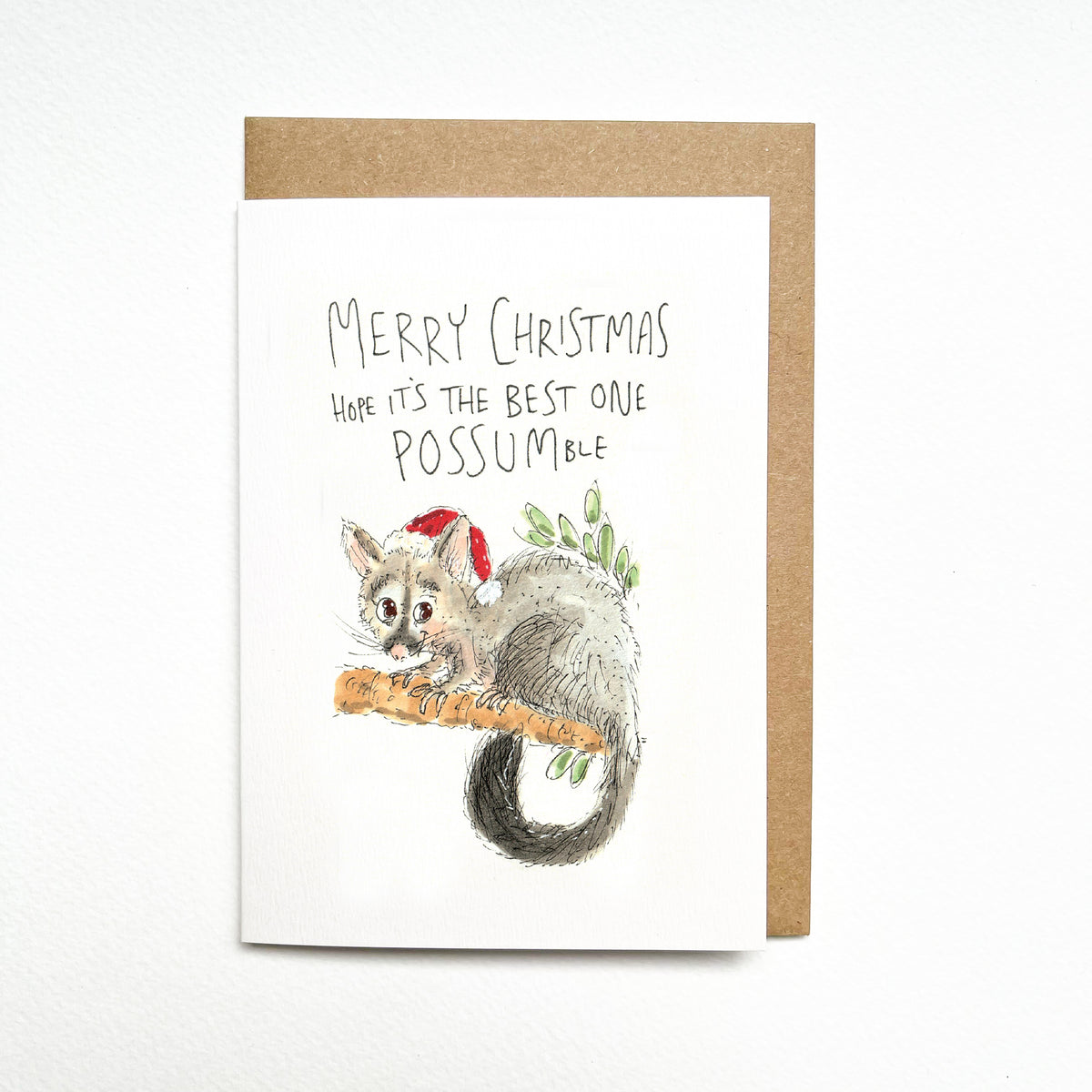 Merry Christmas Hope It's the Best One Possum-ble hand-drawn Australian possum Christmas card by Well Drawn