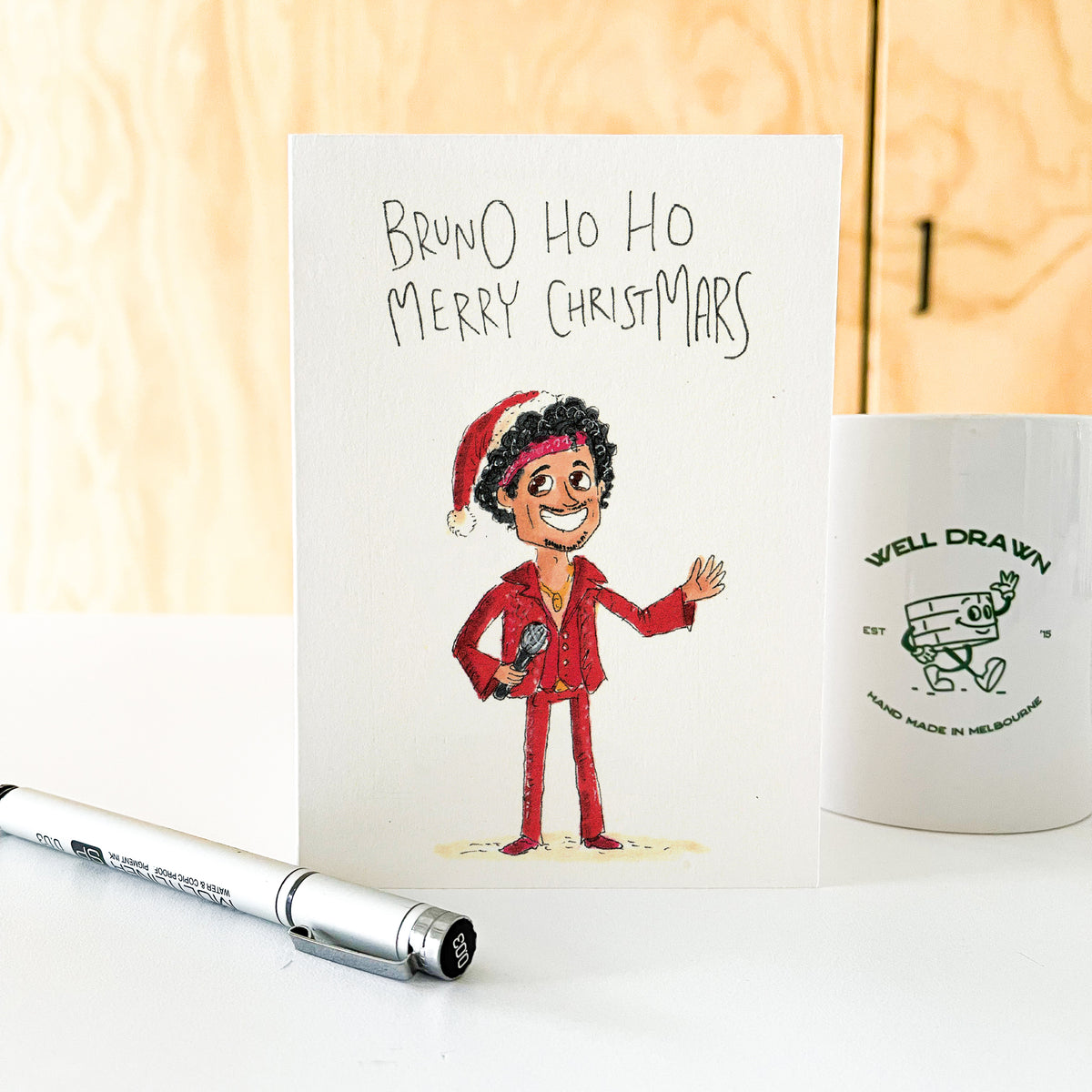 Bruno Ho Ho, Merry ChristMars hand-drawn funny music Christmas card by Well Drawn Australia, product image 6