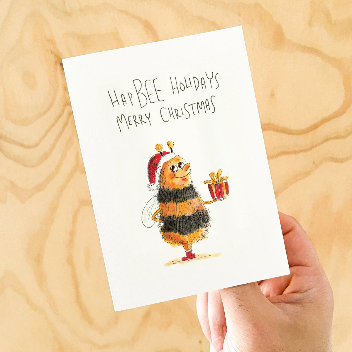 HapBEE Holidays Merry Christmas hand-drawn bee Christmas card by Well Drawn Australia, product image 4