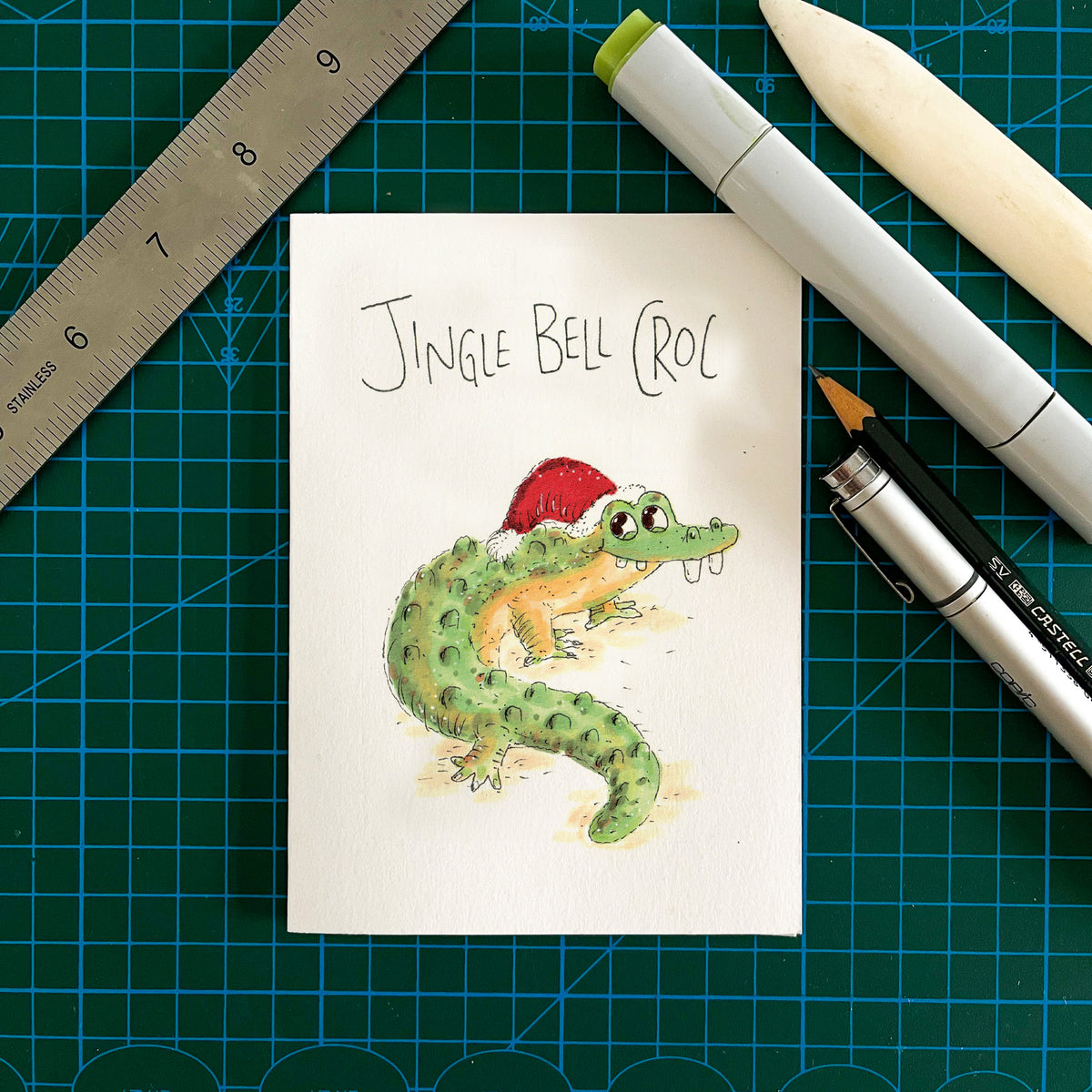 Jingle Bell Croc hand-drawn funny crocodile Christmas card by Well Drawn Australia, product image 3