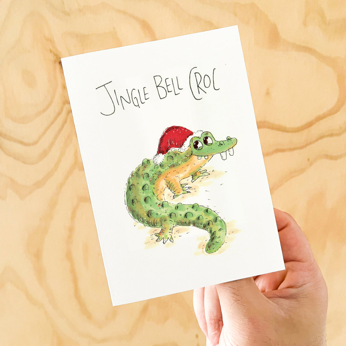 Jingle Bell Croc hand-drawn funny crocodile Christmas card by Well Drawn Australia, product image 4