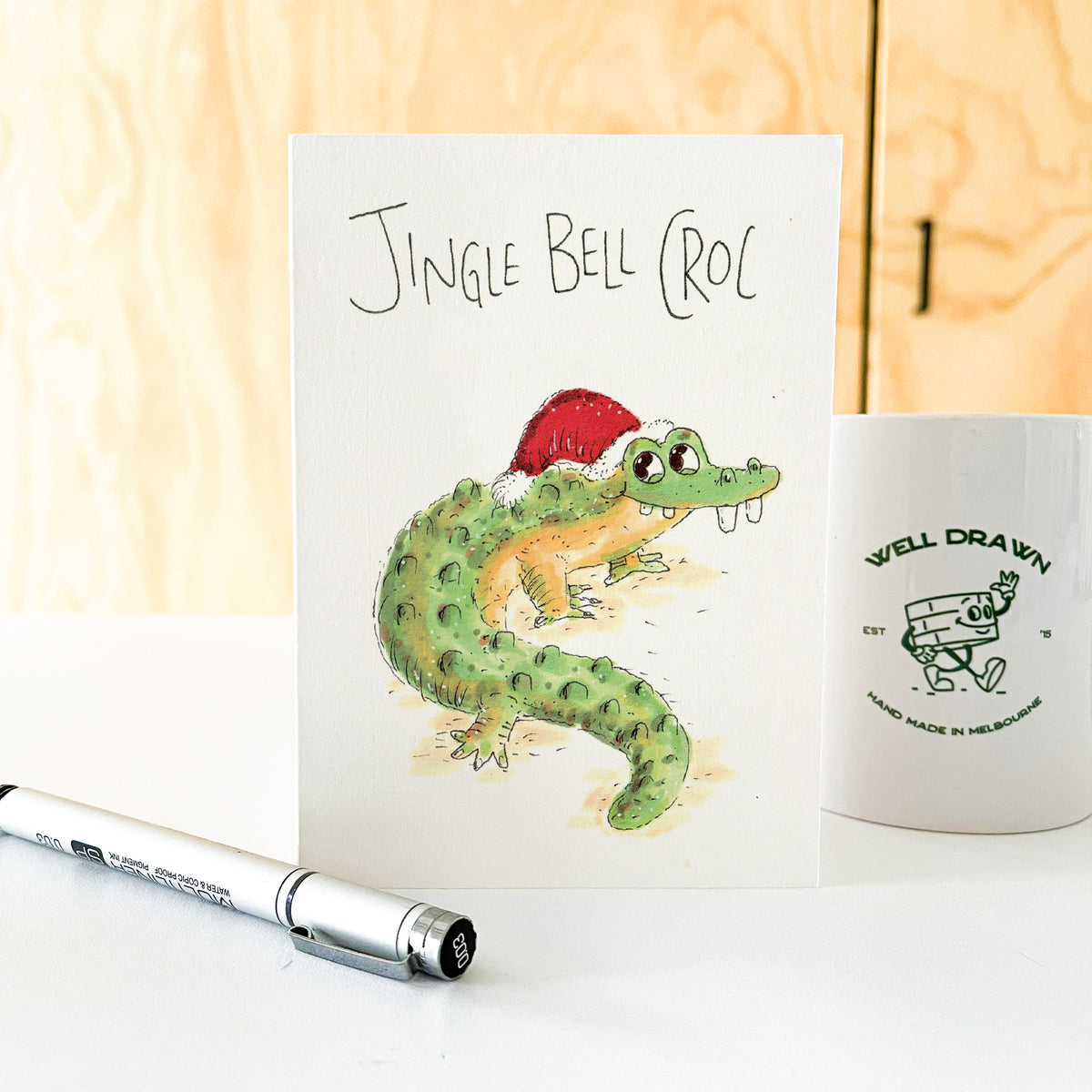 Jingle Bell Croc hand-drawn funny crocodile Christmas card by Well Drawn Australia, product image 6