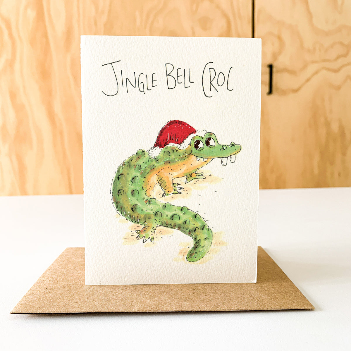 Jingle Bell Croc hand-drawn funny crocodile Christmas card by Well Drawn Australia, product image 7