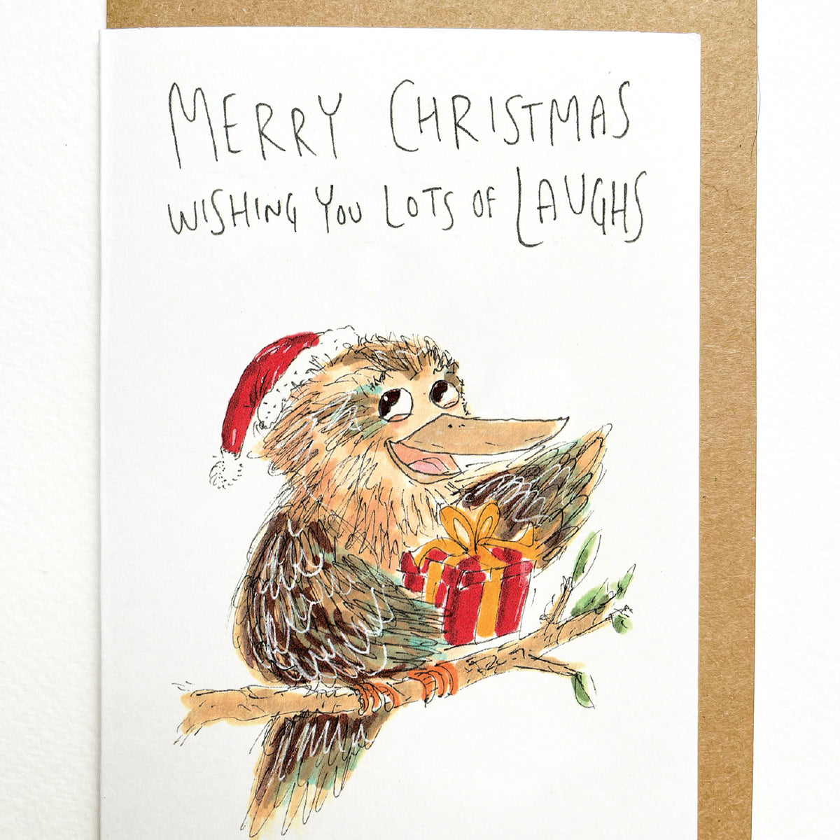 Merry Christmas, Wishing You Lots of Laughs hand-drawn kookaburra Australian Christmas card by Well Drawn, product image 2