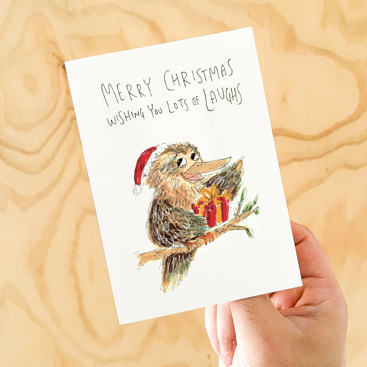 Merry Christmas, Wishing You Lots of Laughs hand-drawn kookaburra Australian Christmas card by Well Drawn, product image 4