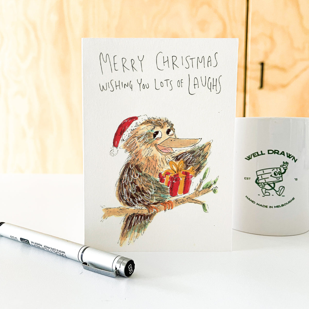 Merry Christmas, Wishing You Lots of Laughs hand-drawn kookaburra Australian Christmas card by Well Drawn, product image 6