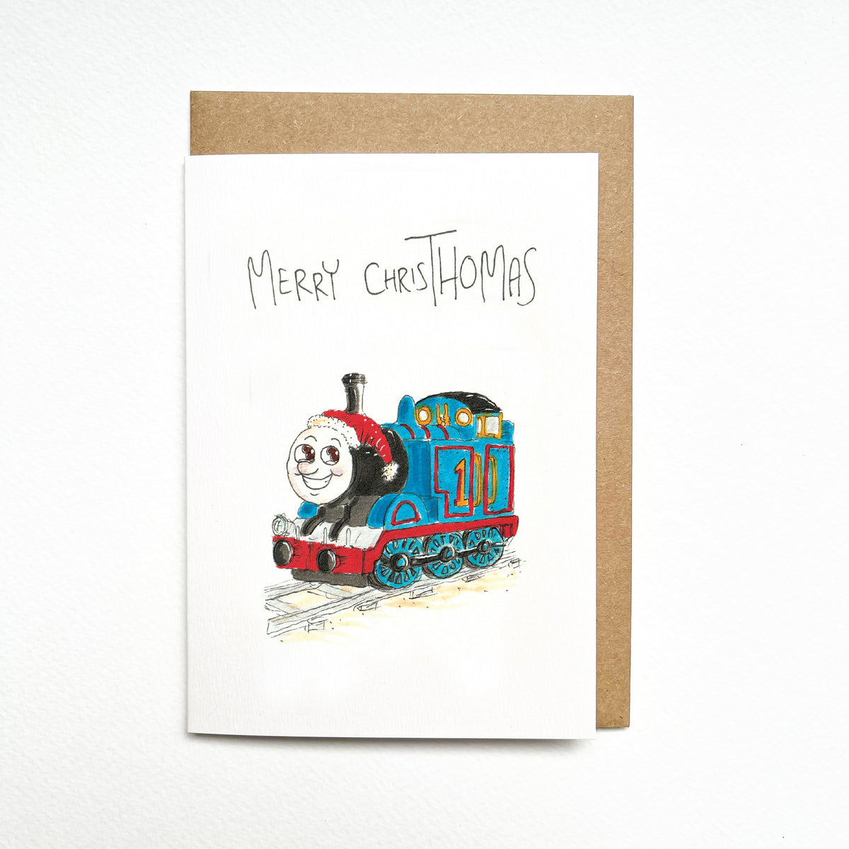 Merry ChrisThomas funny hand-drawn blue number-one train Christmas card by Well Drawn Australia