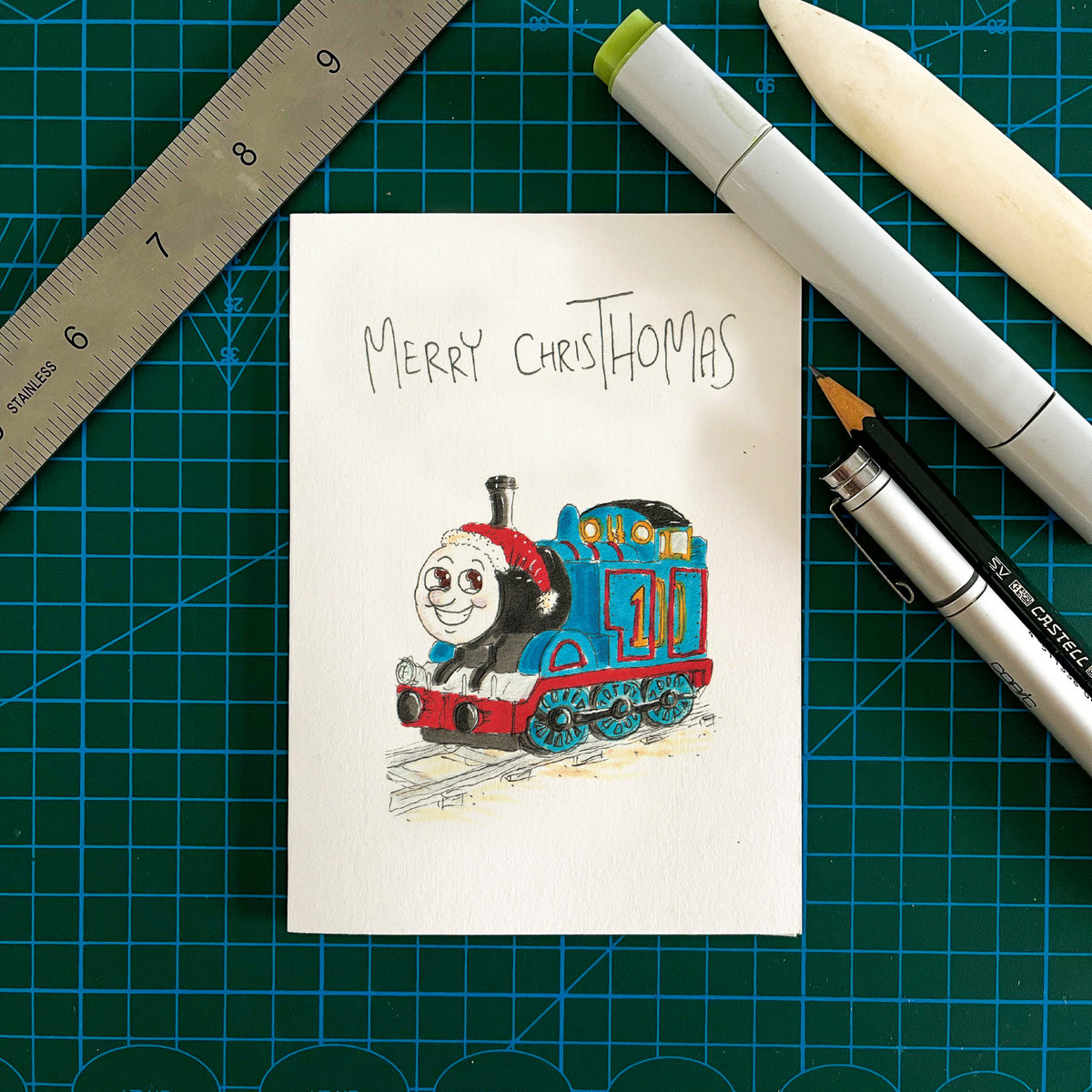 Merry ChrisThomas funny hand-drawn blue train Christmas greeting card by Well Drawn Australia, image 3