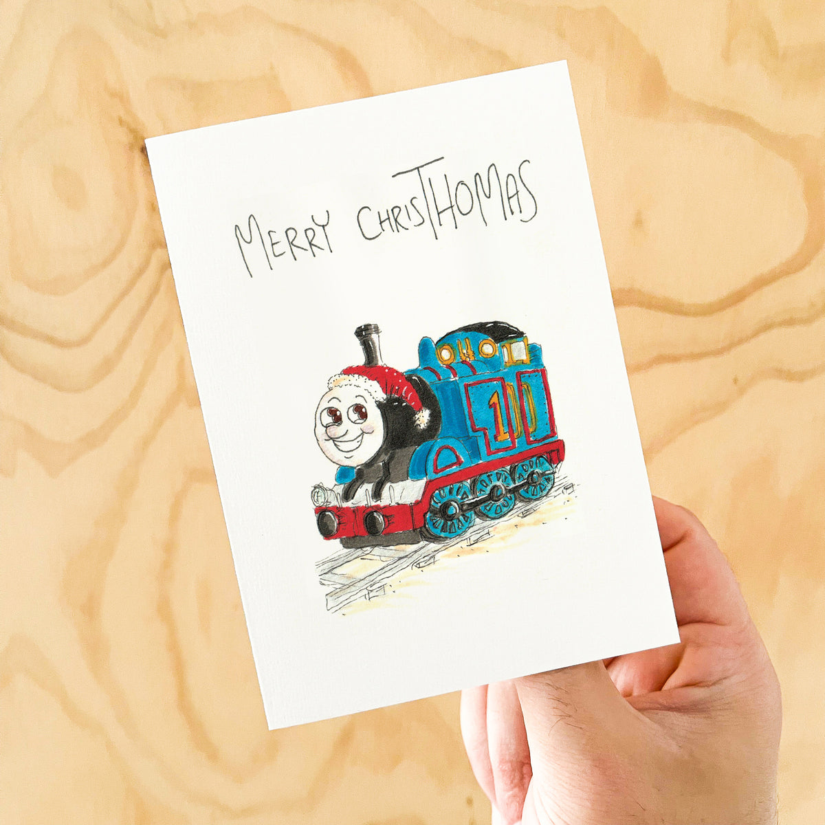 Merry ChrisThomas funny hand-drawn blue train Christmas greeting card by Well Drawn Australia, image 4