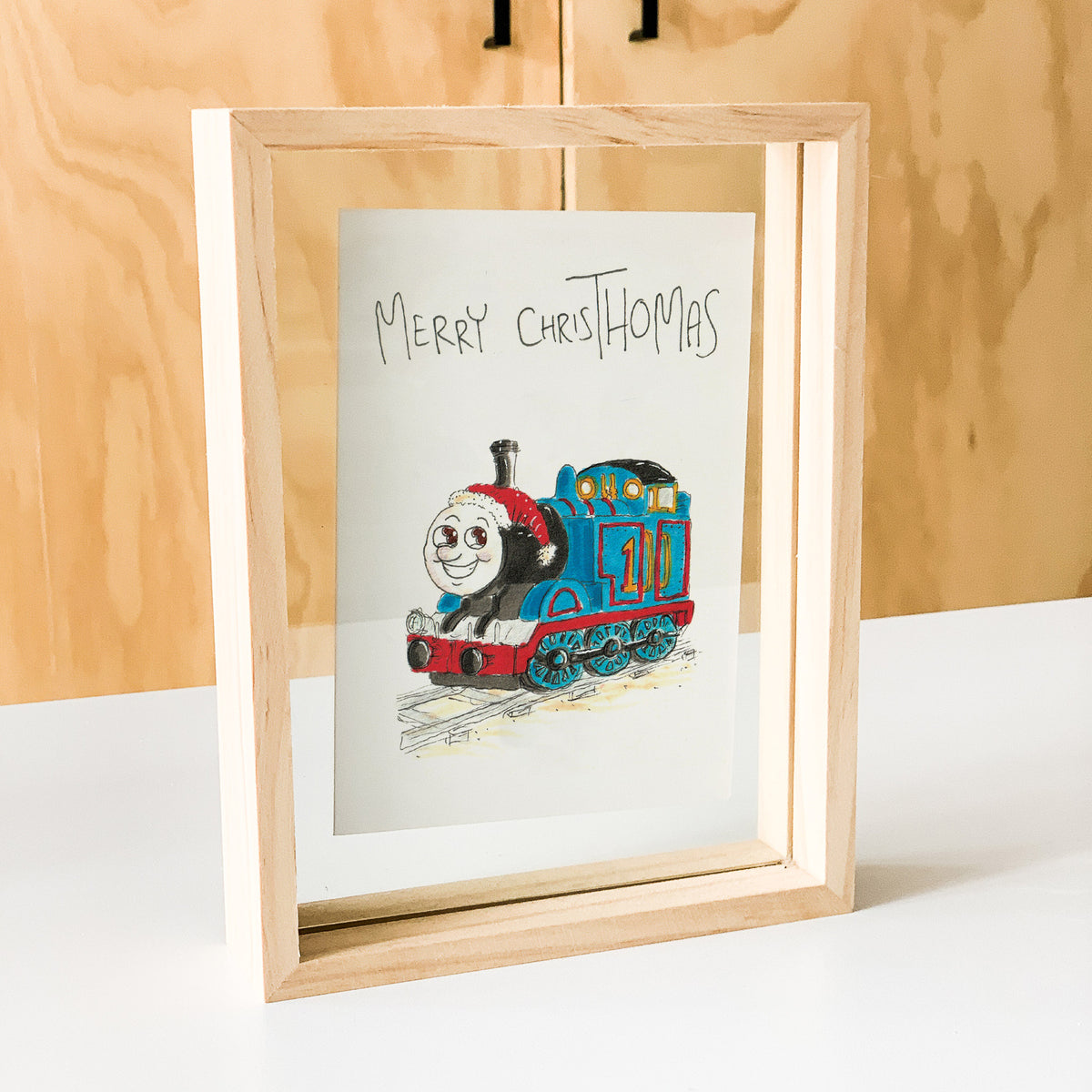 Merry ChrisThomas funny hand-drawn blue train Christmas greeting card by Well Drawn Australia, image 5