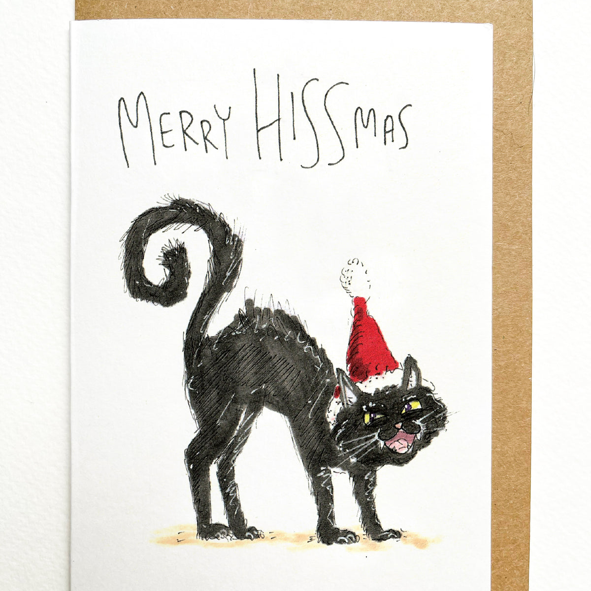 Merry Hissmas funny black cat lover Christmas greeting card by Well Drawn, image 2