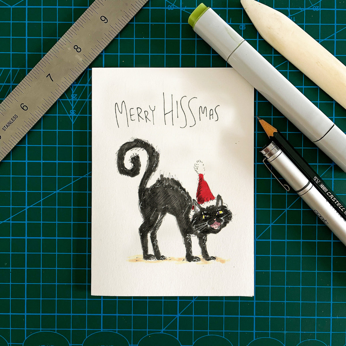 Merry Hissmas funny black cat lover Christmas greeting card by Well Drawn, image 3