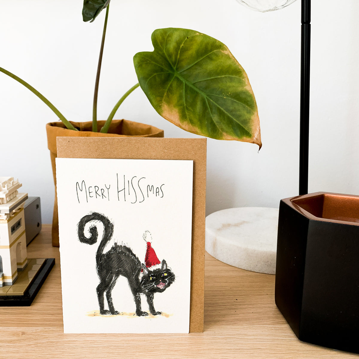 Merry Hissmas funny black cat lover Christmas greeting card by Well Drawn, image 8