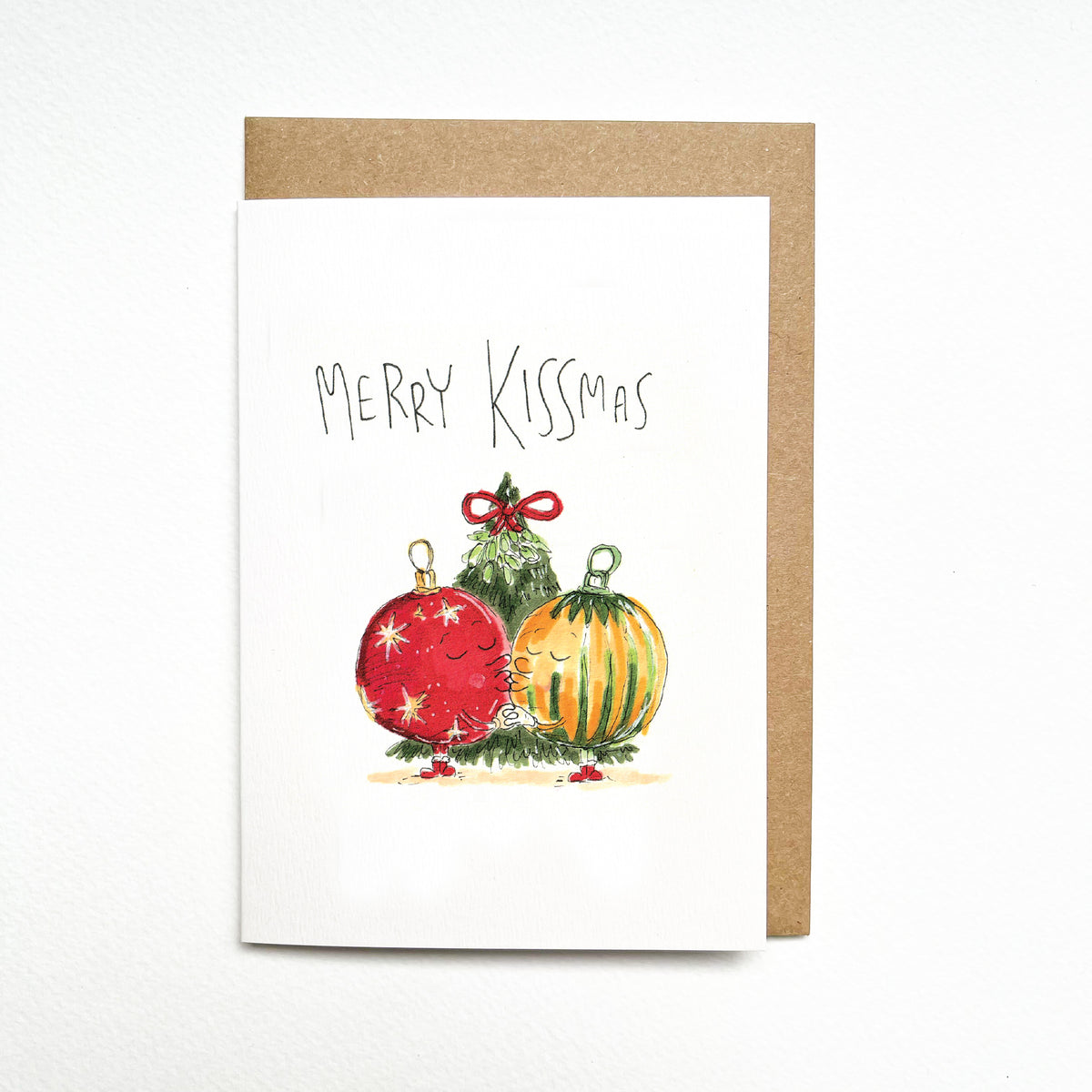 Merry Kissmas hand-drawn kissing Christmas baubles card by Well Drawn Australia