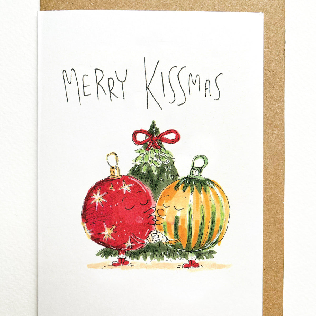 Merry Kissmas funny romantic Christmas greeting card with festive baubles by Well Drawn, image 2