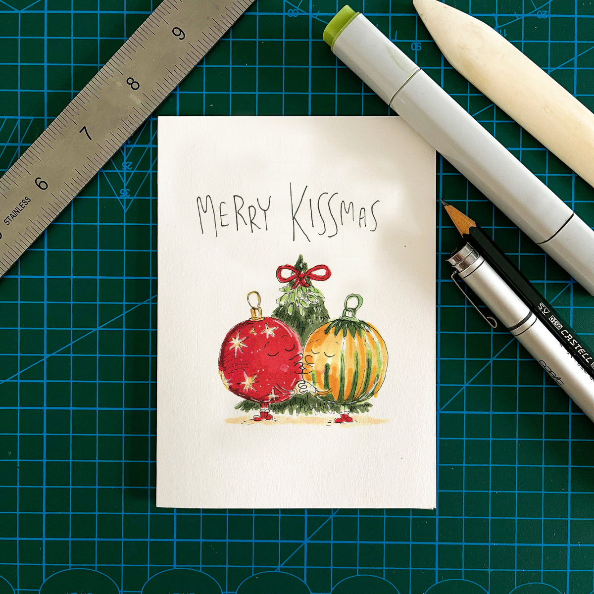 Merry Kissmas funny romantic Christmas greeting card with festive baubles by Well Drawn, image 3