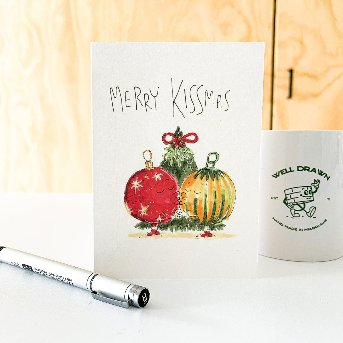 Merry Kissmas funny romantic Christmas greeting card with festive baubles by Well Drawn, image 6