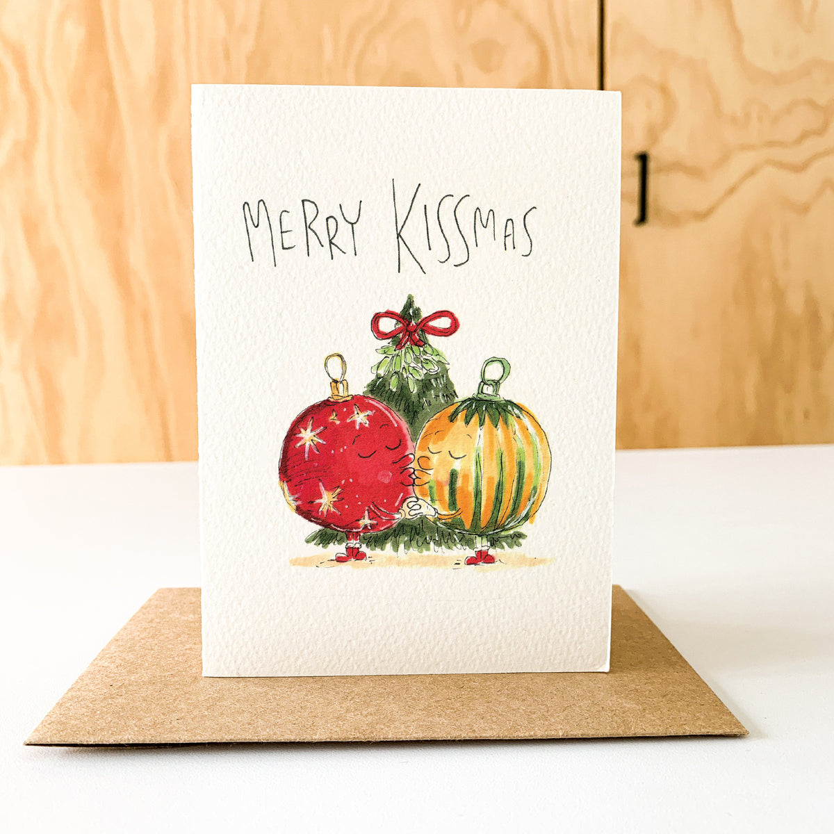 Merry Kissmas funny romantic Christmas greeting card with festive baubles by Well Drawn, image 7