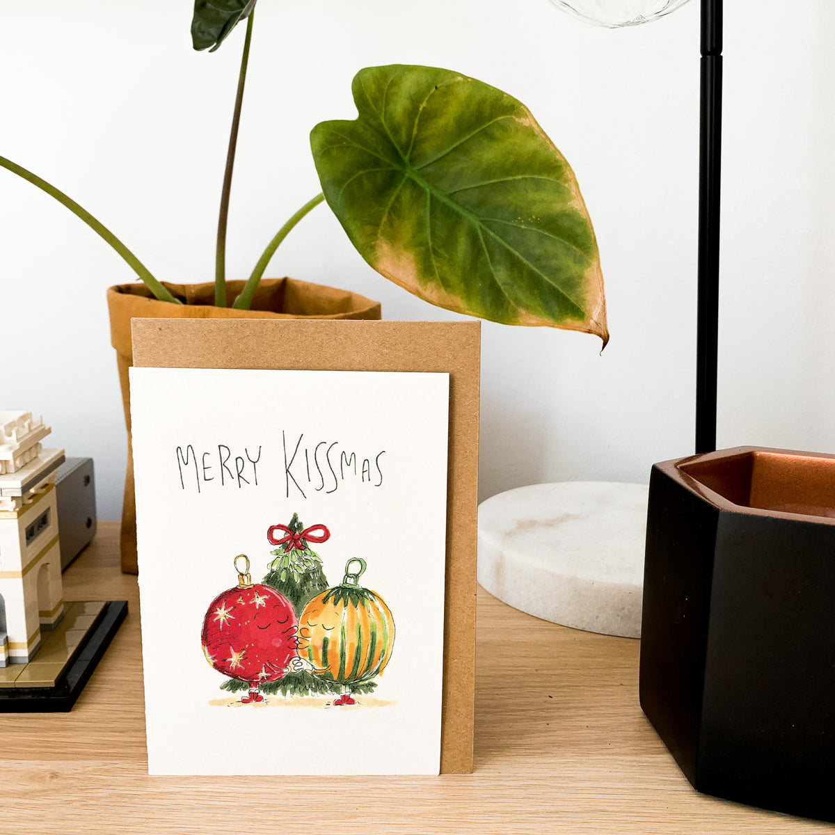 Merry Kissmas funny romantic Christmas greeting card with festive baubles by Well Drawn, image 8