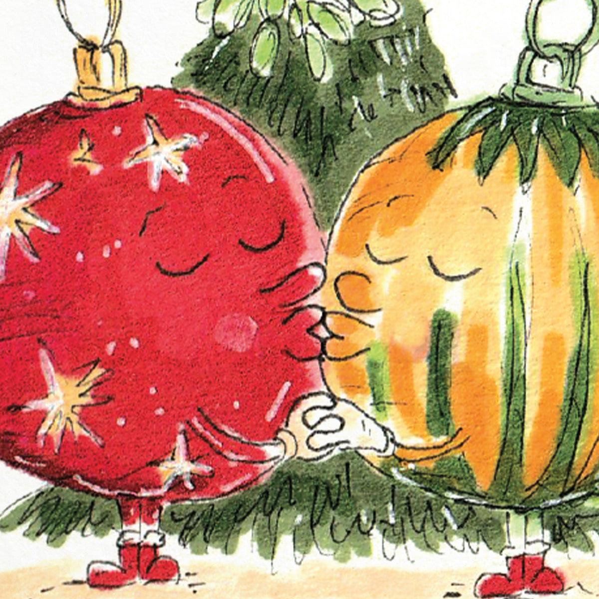 Merry Kissmas funny romantic Christmas greeting card with festive baubles by Well Drawn, image 9