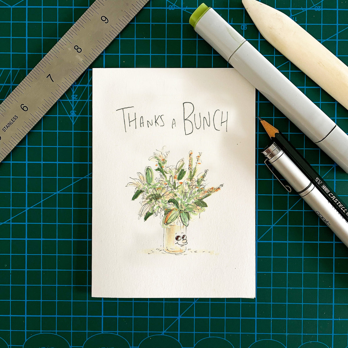 Thanks a Bunch white and green flower bouquet thank you card by Well Drawn, image 3