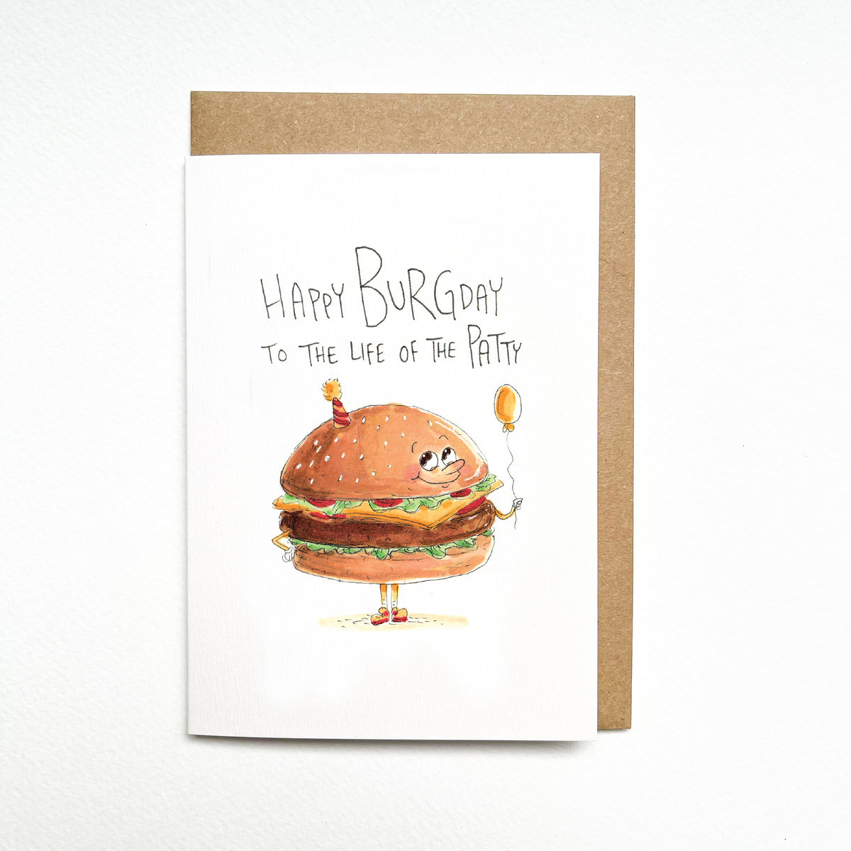 Happy Burgday to the Life of the Patty – hand-drawn Australian birthday card, first product photo by Well Drawn