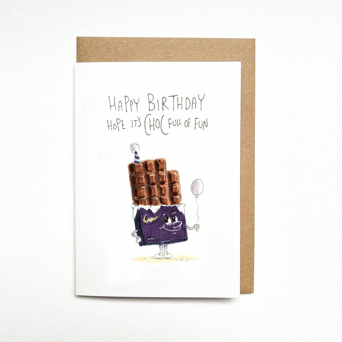 Happy Birthday, Hope It's CHOC Full of Fun – a smiling purple-wrapped chocolate bar with a striped birthday hat and balloon by Well Drawn Melbourne. Front product photo.