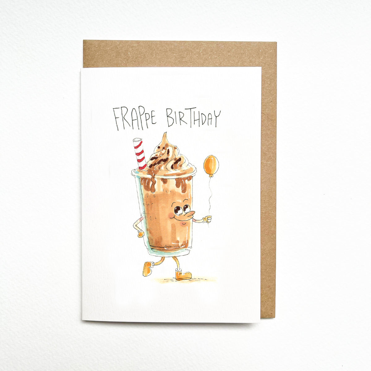 FRAPPE Birthday – a smiling iced frappe with whipped cream, striped straw, sprinkles and a little balloon by Well Drawn Melbourne. Front product photo.